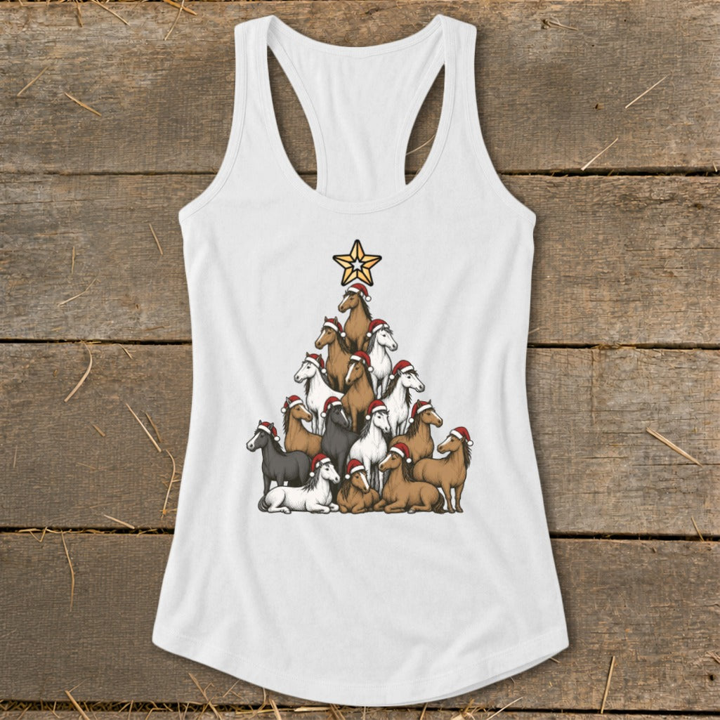 White tank top with horses arranged in a Christmas tree shape wearing Santa hats.