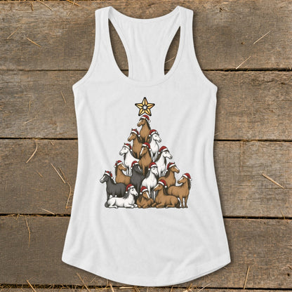 White tank top with horses arranged in a Christmas tree shape wearing Santa hats.