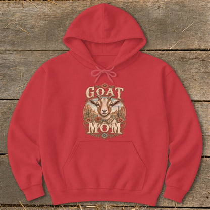 Red hoodie with "GOAT MOM" text and a goat illustration.
