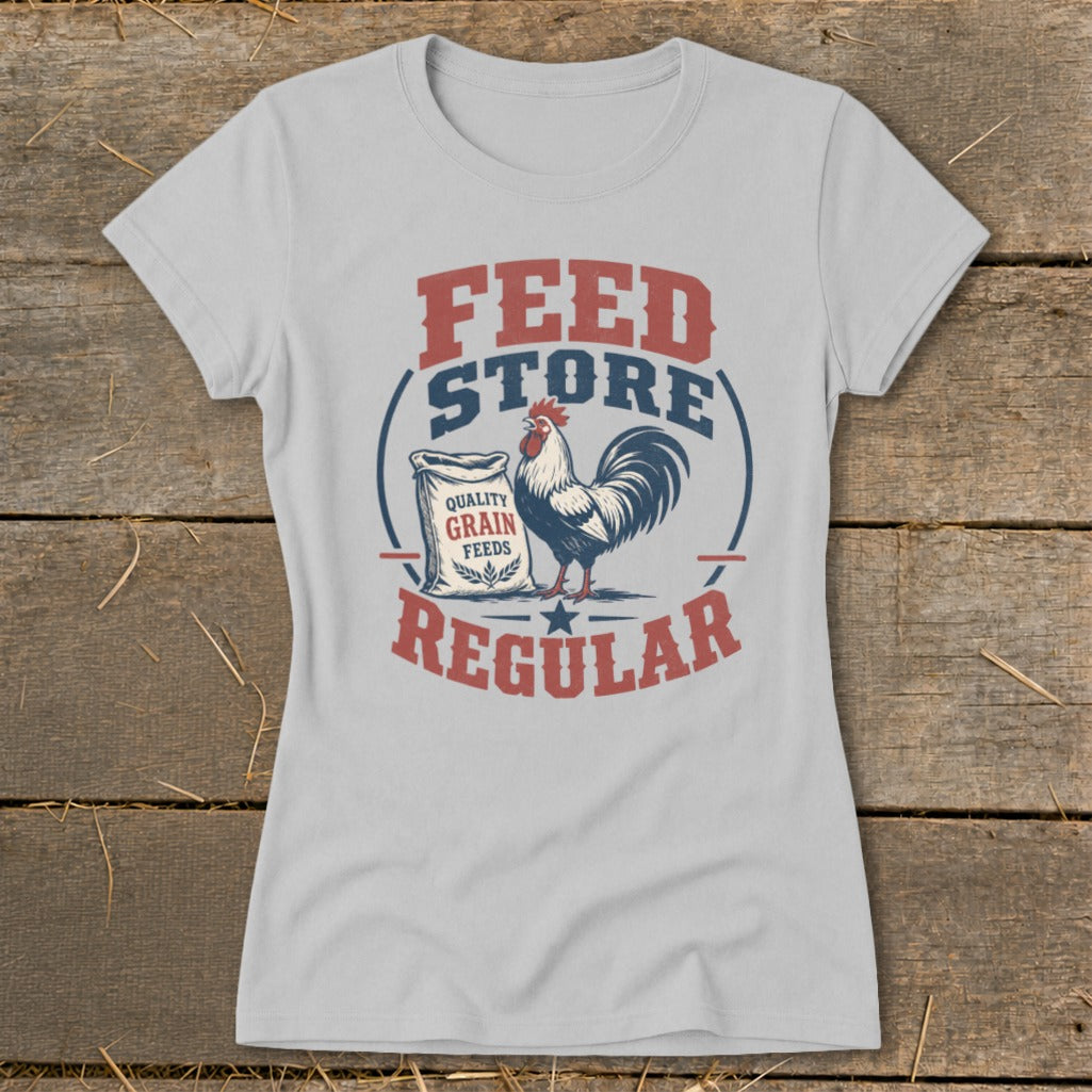 Light grey t-shirt with "Feed Store Regular" and rooster graphic.