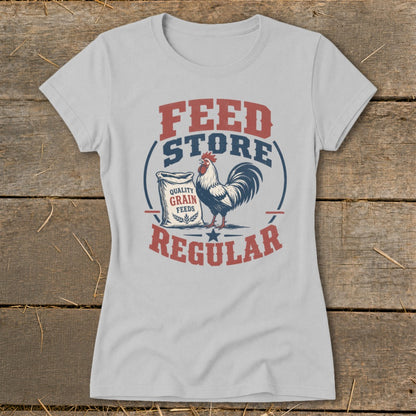 Light grey t-shirt with "Feed Store Regular" and rooster graphic.