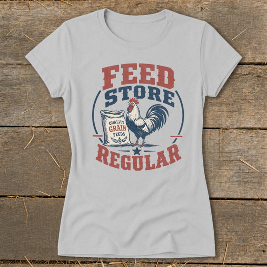 Light grey t-shirt with "Feed Store Regular" and rooster graphic.