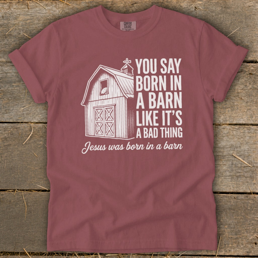 Maroon t-shirt with "You Say Born in a Barn Like It's a Bad Thing Jesus was born in a barn" graphic.