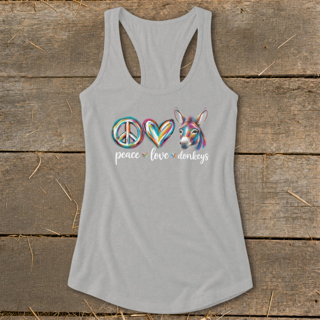 Gray tank top with peace sign, heart, and donkey graphic reading "peace love donkeys".