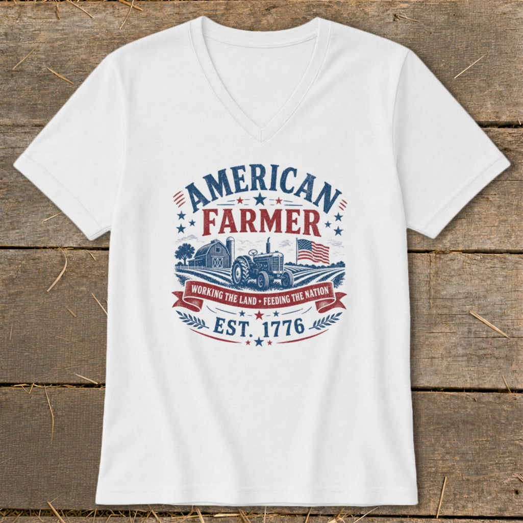 White t-shirt with "American Farmer" graphic, tractor, barn, and flag.