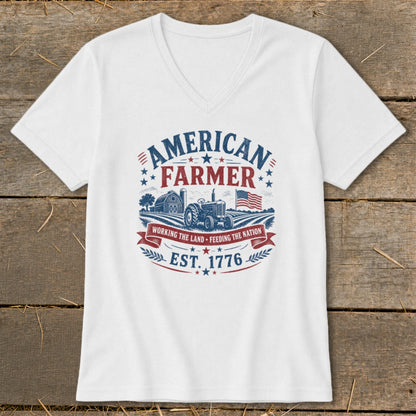 White t-shirt with "American Farmer" graphic, tractor, barn, and flag.