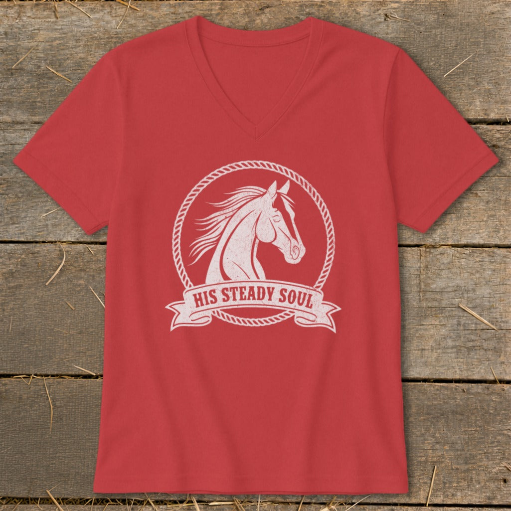 Red v-neck t-shirt with white horse head graphic and "HIS STEADY SOUL" text.
