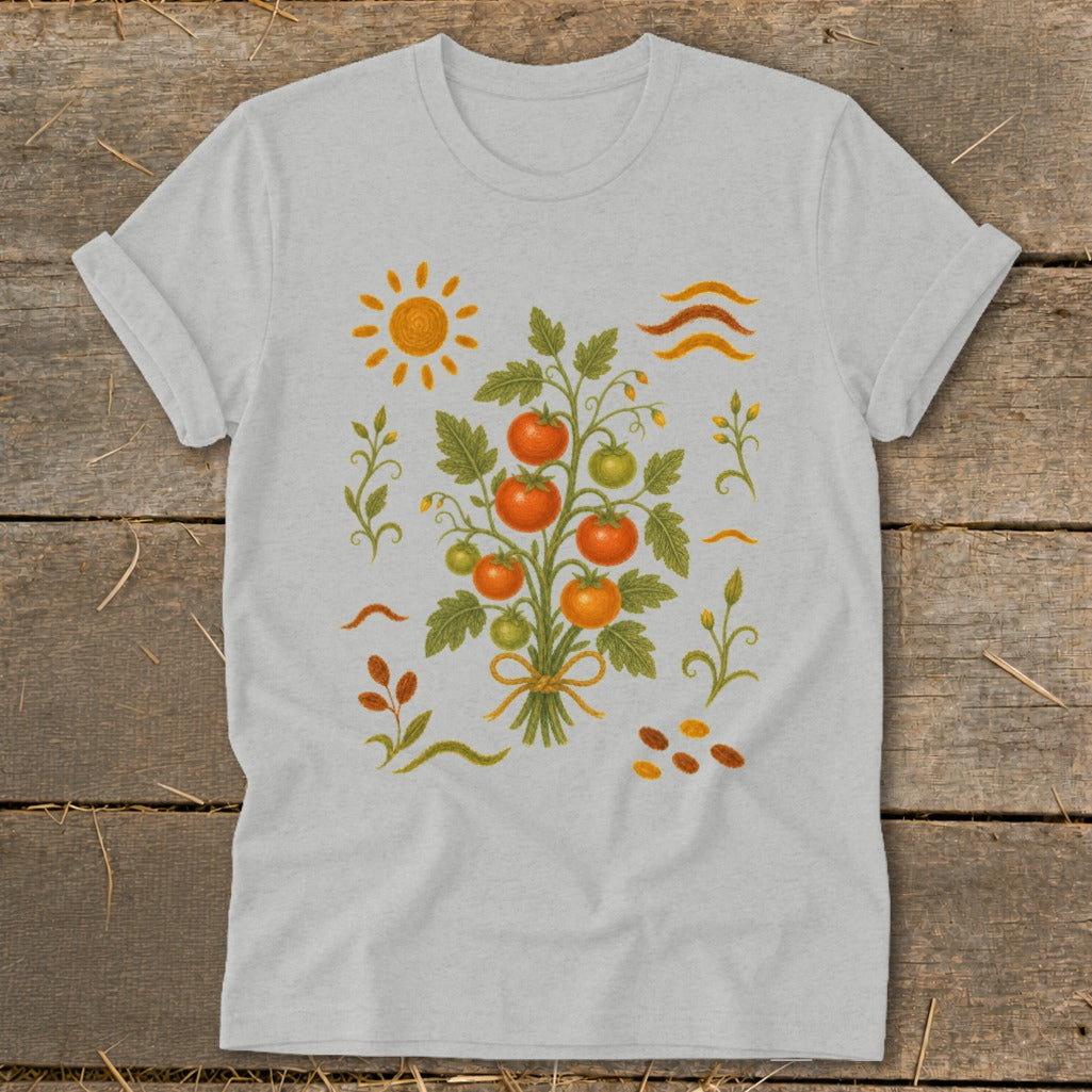 Light grey t-shirt with a detailed illustration of a tomato plant, sun, and seeds.