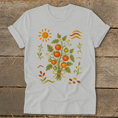 Light grey t-shirt with a detailed illustration of a tomato plant, sun, and seeds.