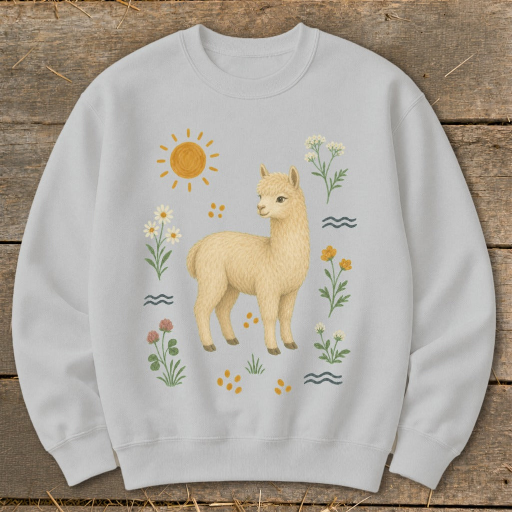 Light gray sweatshirt with a cream alpaca and floral illustration.
