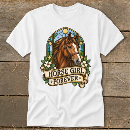 White t-shirt with a brown horse head art and banner that reads "HORSE GIRL FOREVER".