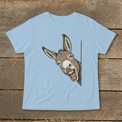 Light blue t-shirt with a cartoon donkey peeking from the side.