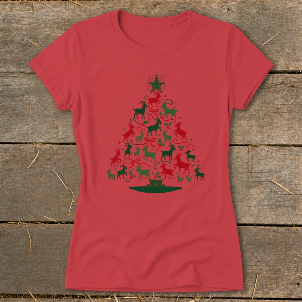 Red t-shirt with a Christmas tree made of green and red goats.