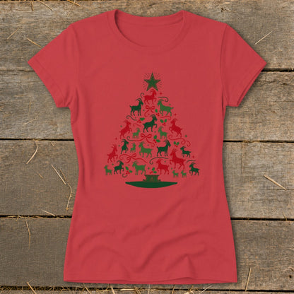 Red t-shirt with a Christmas tree made of green and red goats.