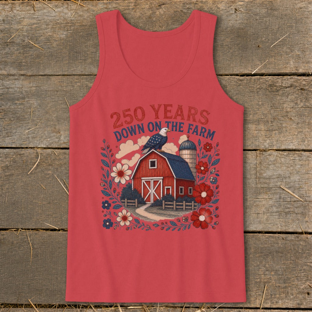 Red tank top with a farm scene and text reading "250 Years Down On The Farm".
