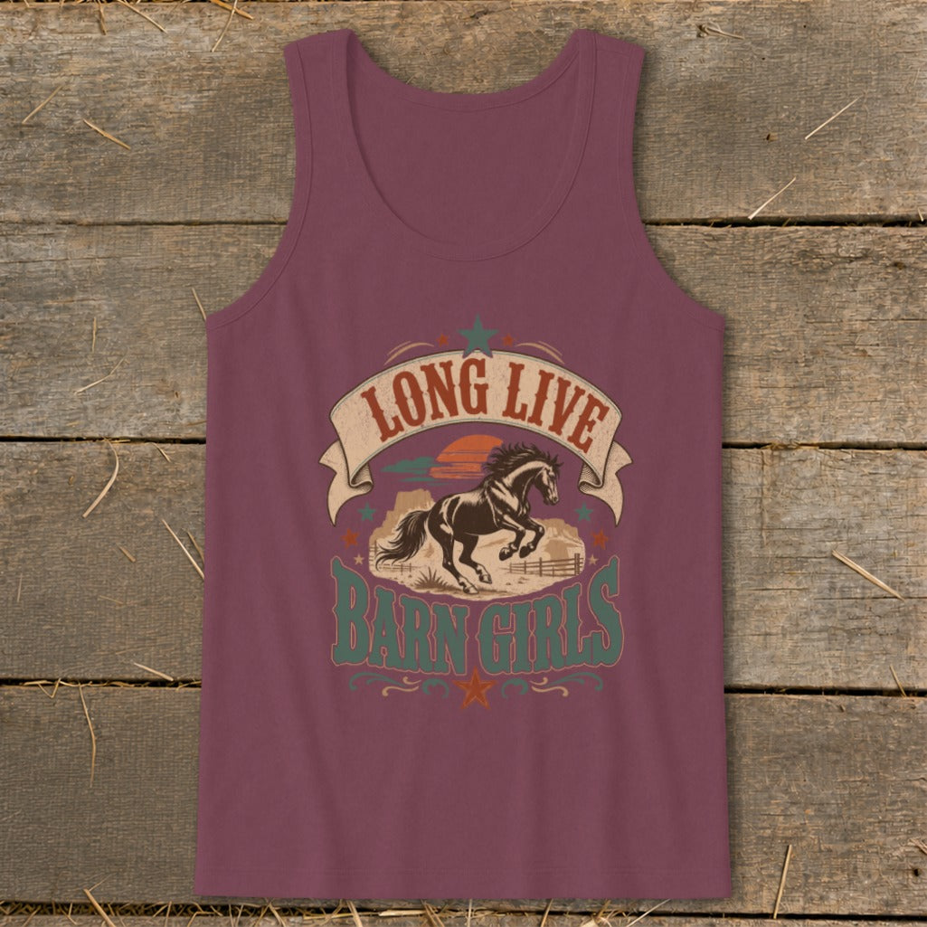 Burgundy tank top with "Long Live Barn Girls" and horse graphic.