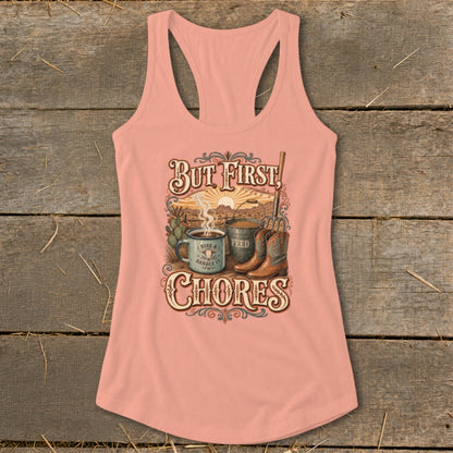 Graphic tee with "But First, Feed, Chores" text, coffee, boots, and a bucket.