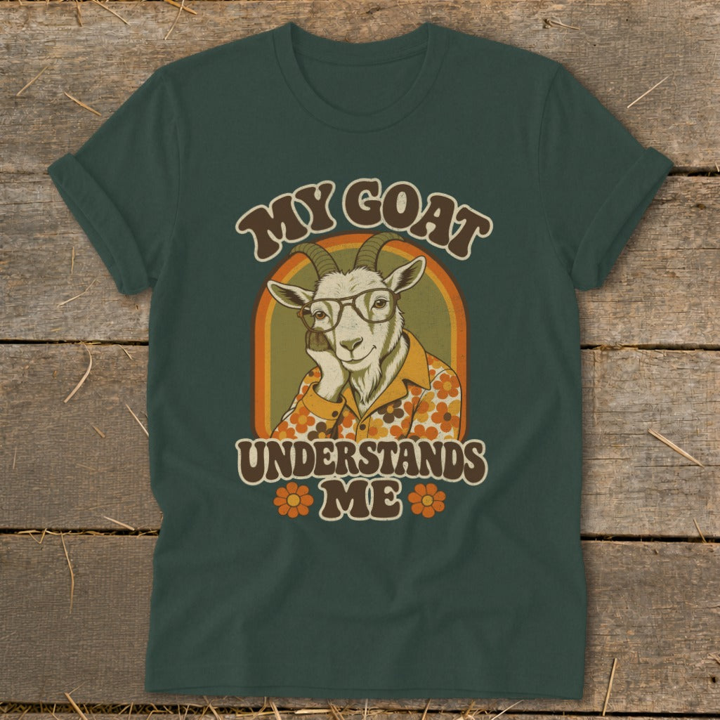 Goat wearing glasses and a floral shirt, text reads "My Goat Understands Me".