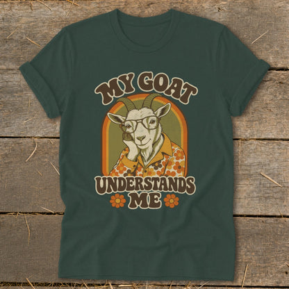 Goat wearing glasses and a floral shirt, text reads "My Goat Understands Me".