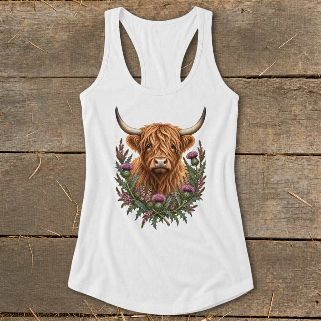 White tank top featuring a Highland cow illustration surrounded by thistles.