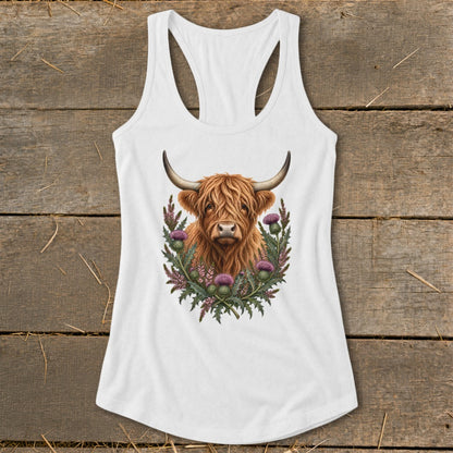 White tank top featuring a Highland cow illustration surrounded by thistles.