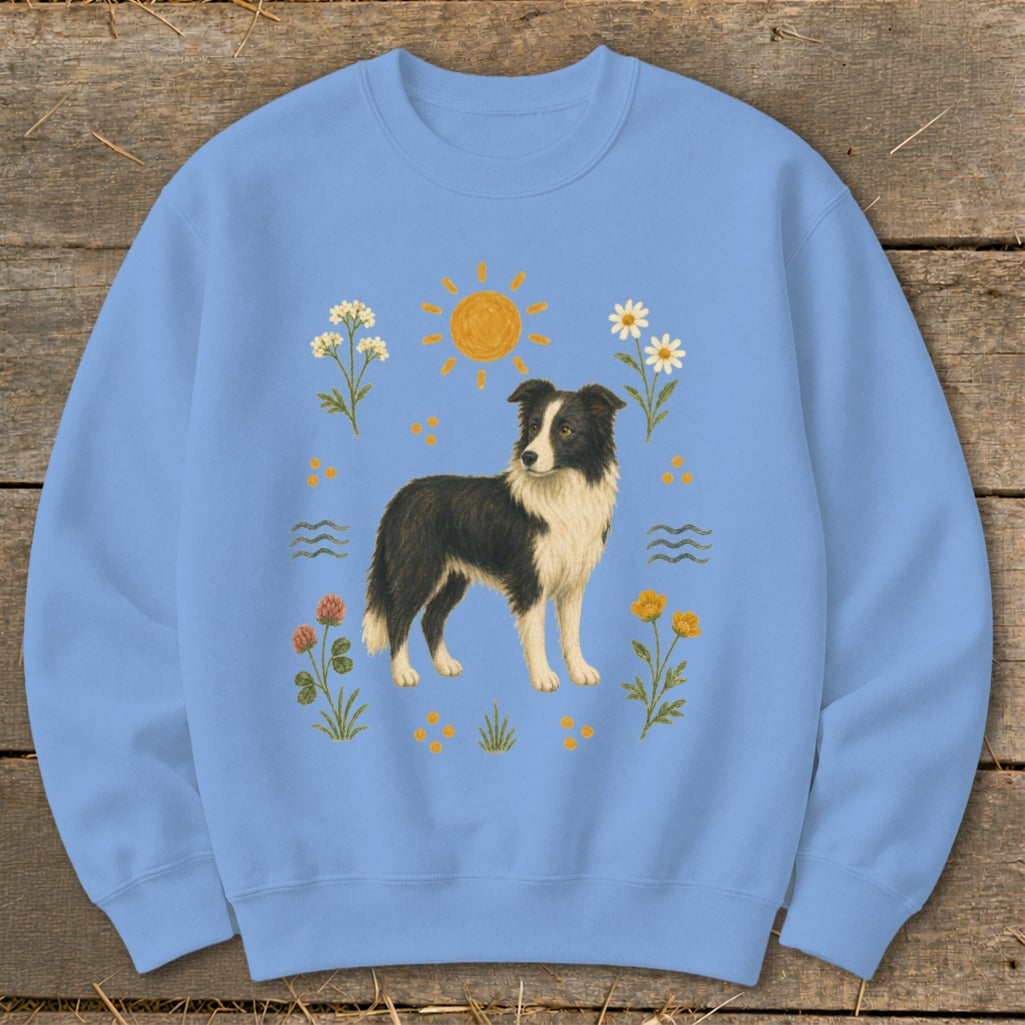 Light blue sweatshirt with a Border Collie and floral design.