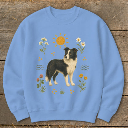Light blue sweatshirt with a Border Collie and floral design.