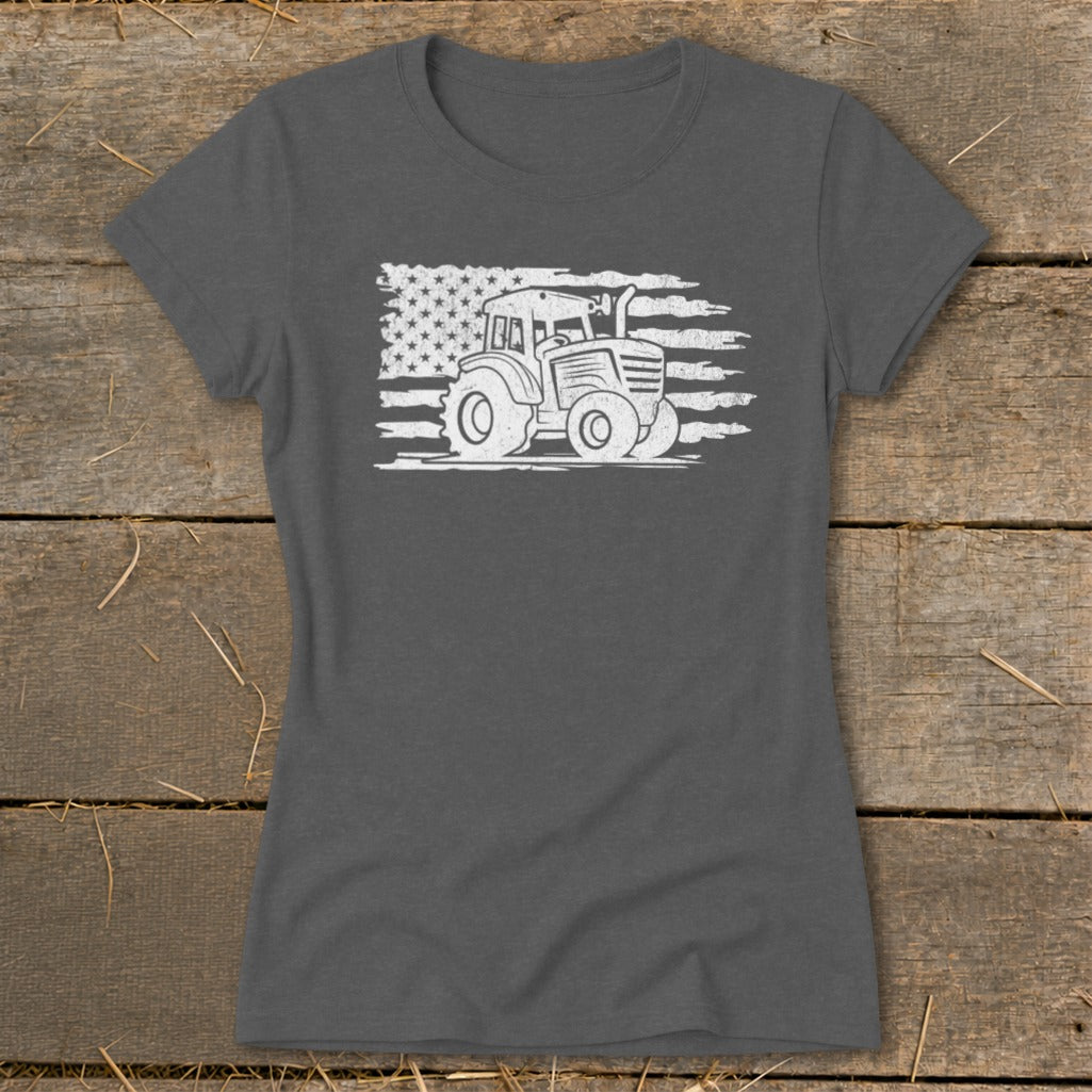 Grey t-shirt with white distressed tractor and American flag graphic.
