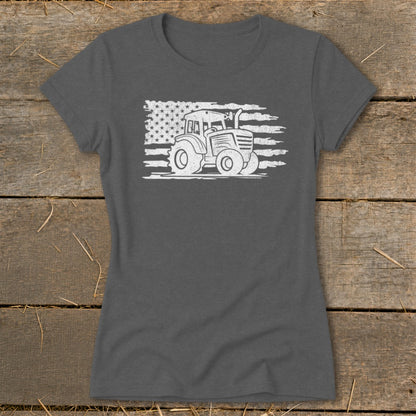 Grey t-shirt with white distressed tractor and American flag graphic.