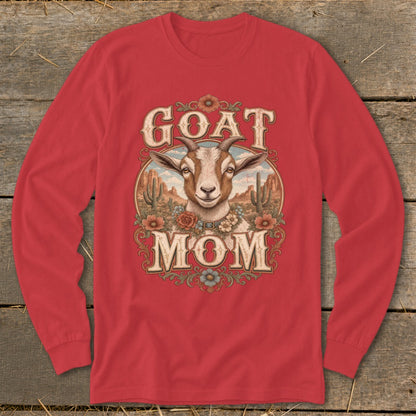 Red long-sleeve shirt with "GOAT MOM" text and a goat in a desert landscape design.