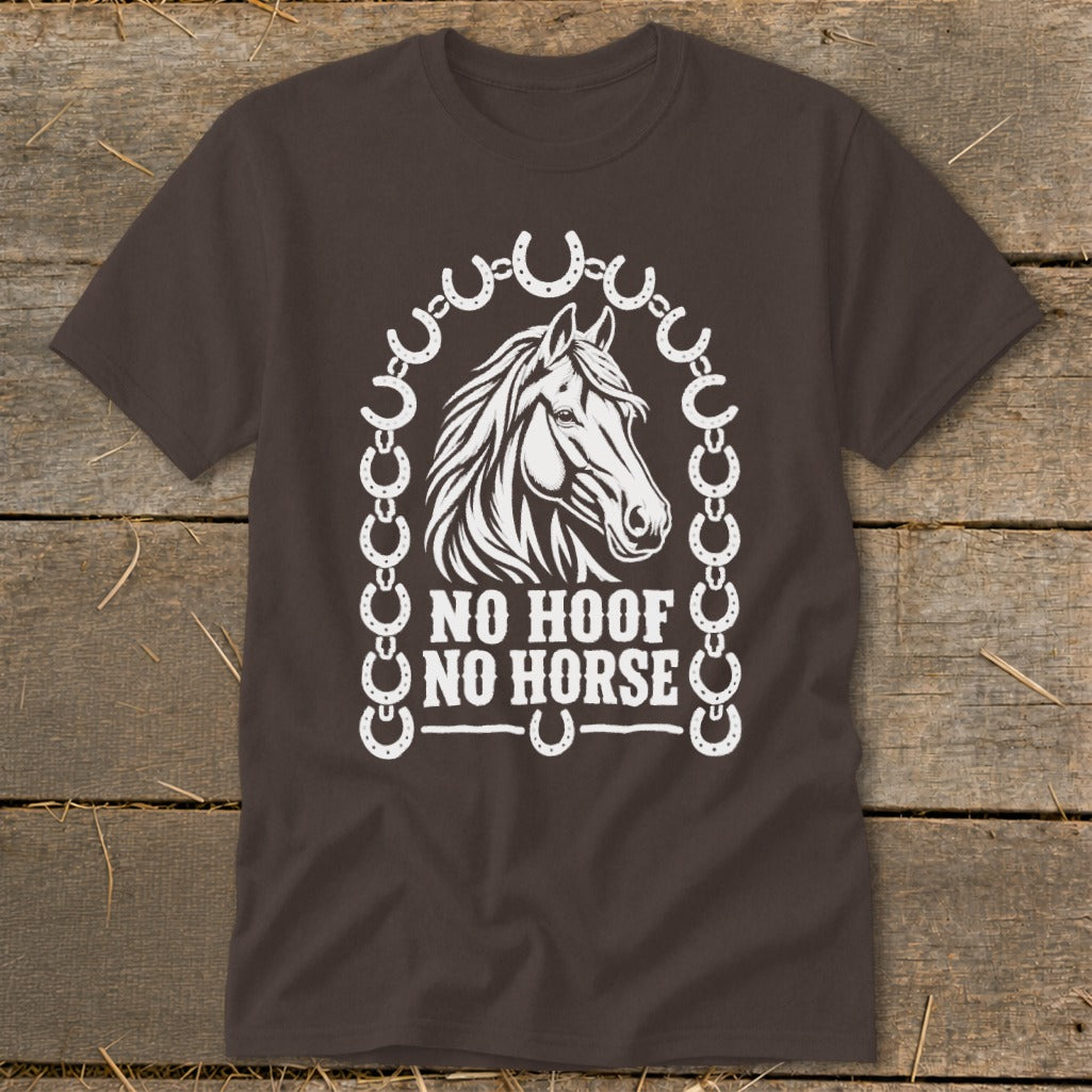 Brown t-shirt with white graphic of a horse head, horseshoes, and text "NO HOOF NO HORSE".