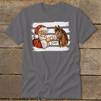 Santa booping a horse's nose with the word "Boop" written on the shirt.