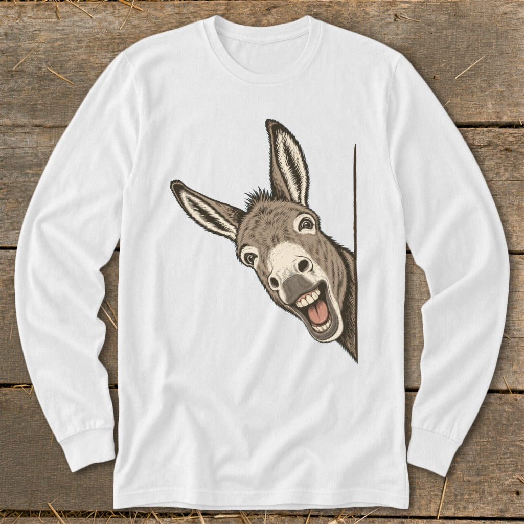 White long-sleeve shirt with a cartoon donkey peeking from the side.