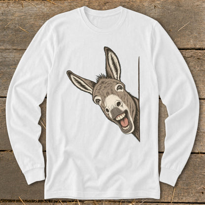 White long-sleeve shirt with a cartoon donkey peeking from the side.