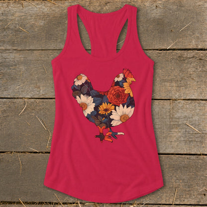 Pink racerback tank top with a chicken silhouette filled with colorful flowers.