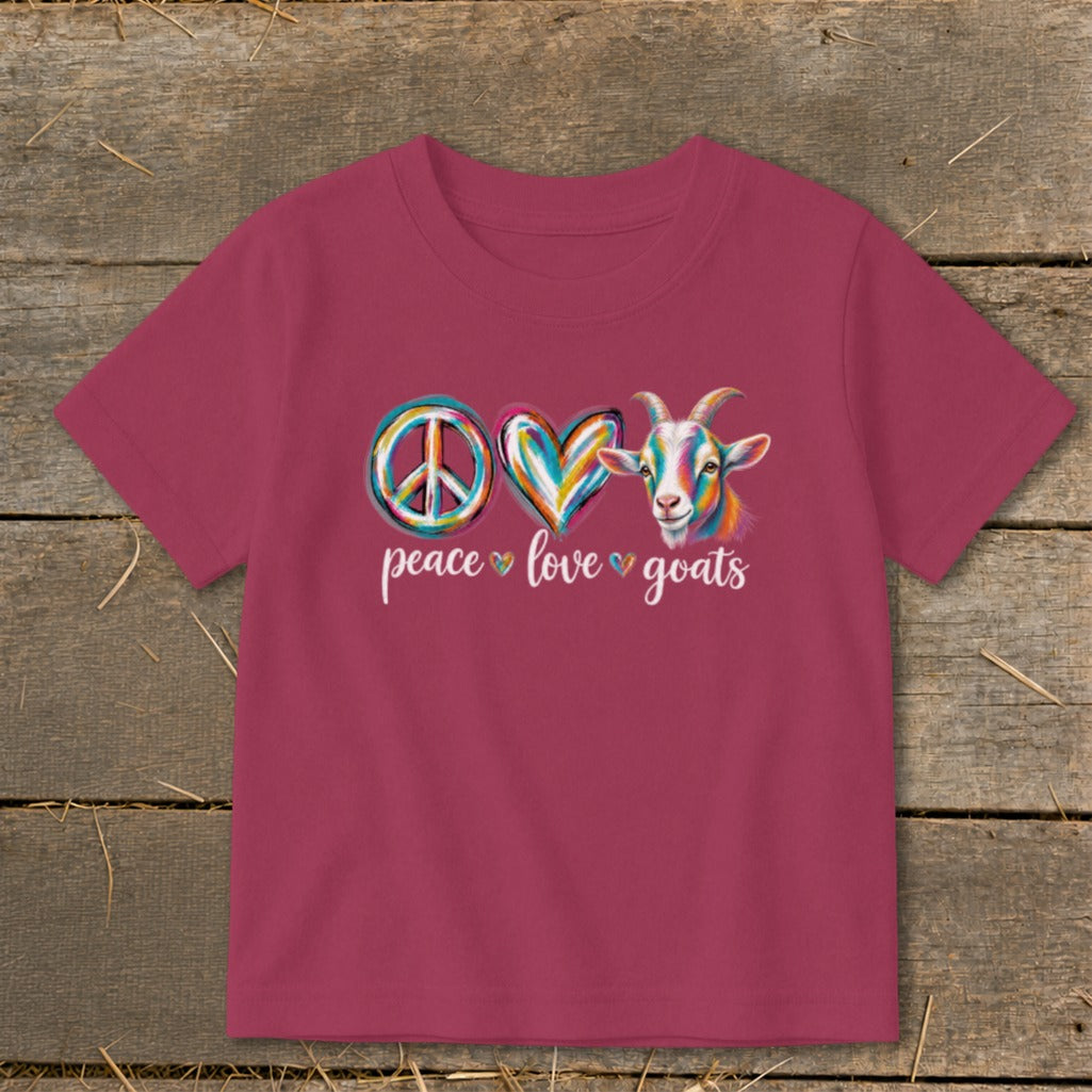Maroon t-shirt with peace sign, heart, and colorful goat illustration above "peace love goats" text.