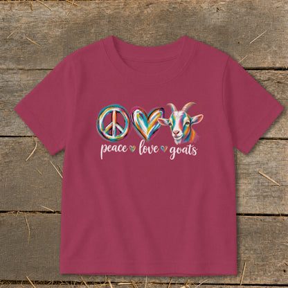 Maroon t-shirt with peace sign, heart, and colorful goat illustration above "peace love goats" text.