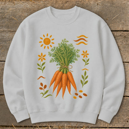 White sweatshirt with a graphic of a bunch of carrots surrounded by flowers and sun.