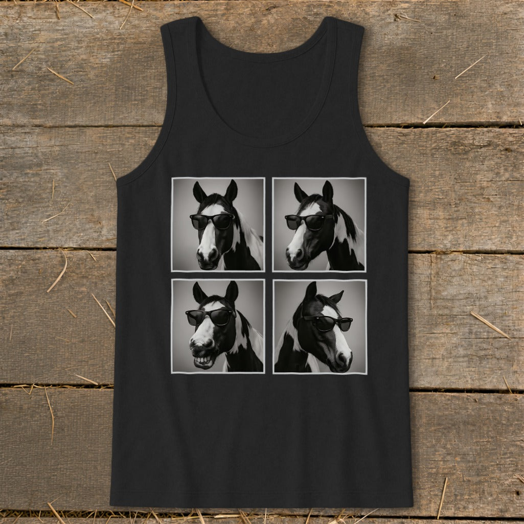 Black tank top with four panels of a horse wearing sunglasses.