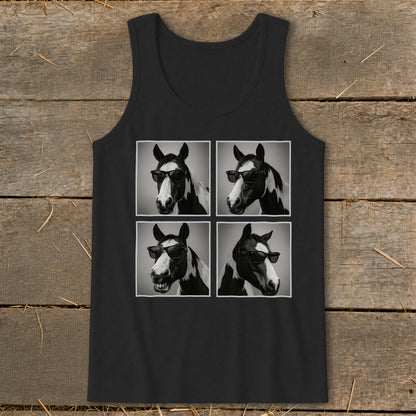 Black tank top with four panels of a horse wearing sunglasses.