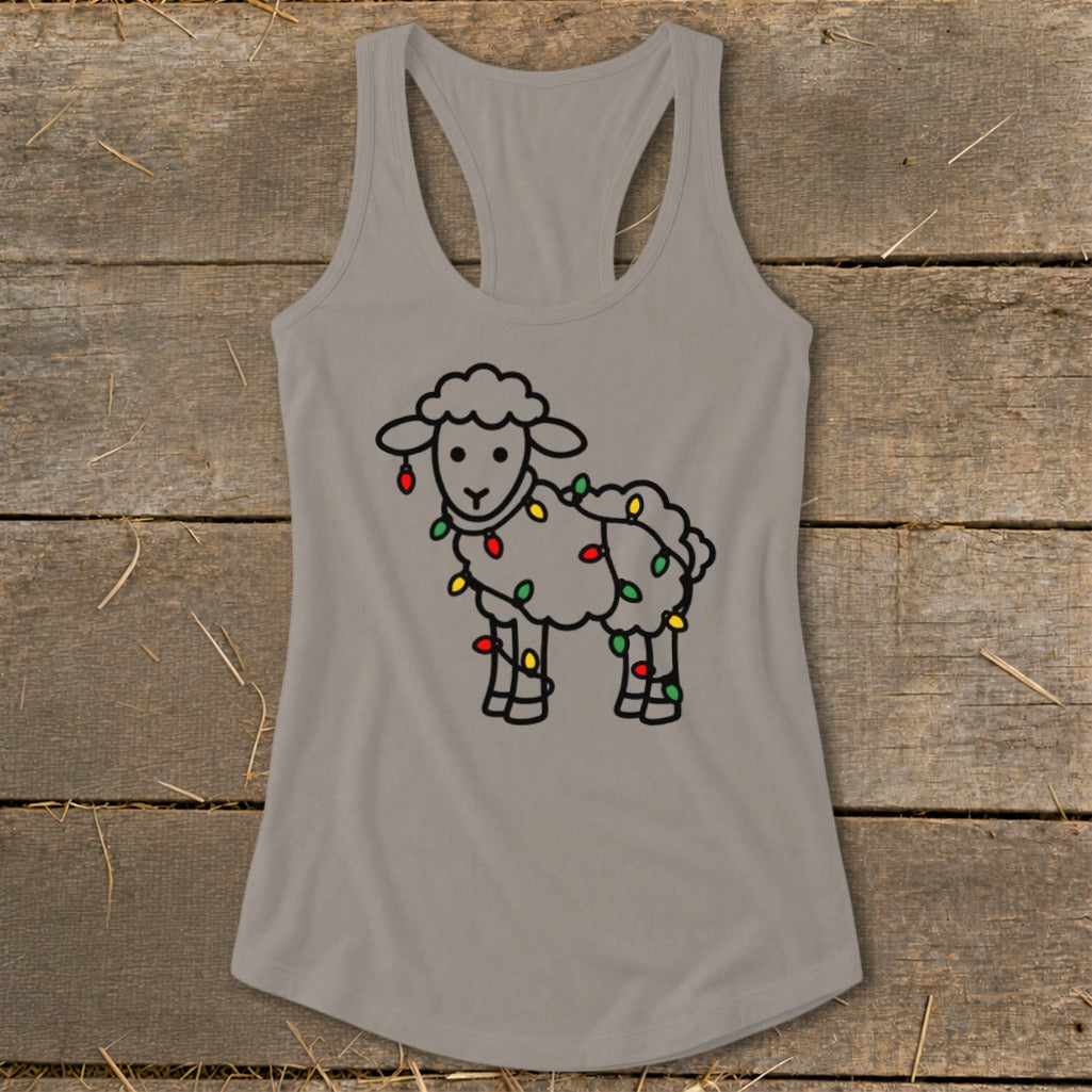 A gray racerback tank top featuring a black outlined sheep tangled in colorful Christmas lights.