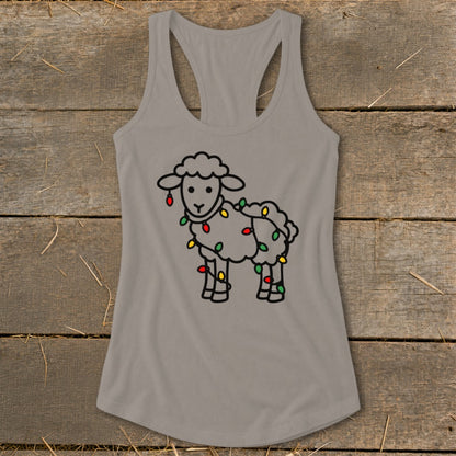 A gray racerback tank top featuring a black outlined sheep tangled in colorful Christmas lights.