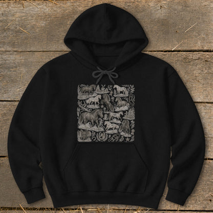 Black hoodie with a collage of horse illustrations and equestrian elements.