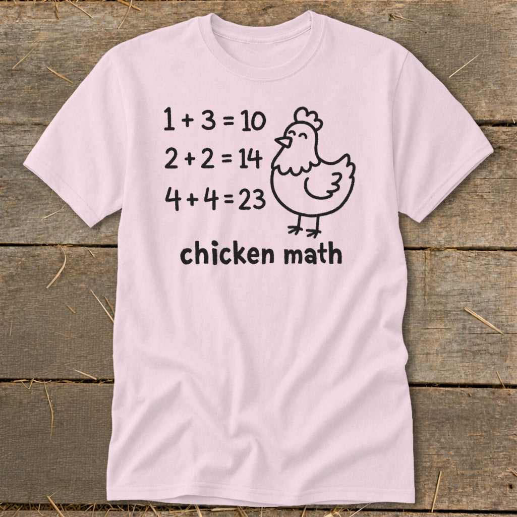 Pink t-shirt with humorous "chicken math" equations and a chicken graphic.
