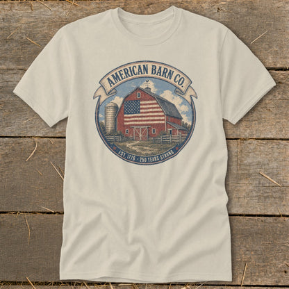 T-shirt with American Barn Co. logo: red barn with US flag, silo, fence, and text.