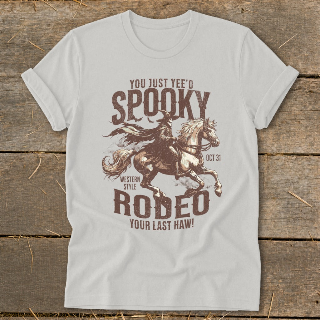 White t-shirt with "Spooky Rodeo" design featuring a grim reaper on a horse.