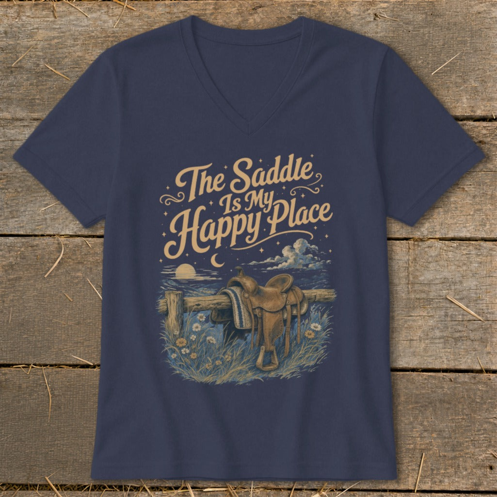 Navy v-neck t-shirt with "The Saddle Is My Happy Place" text and saddle graphic.