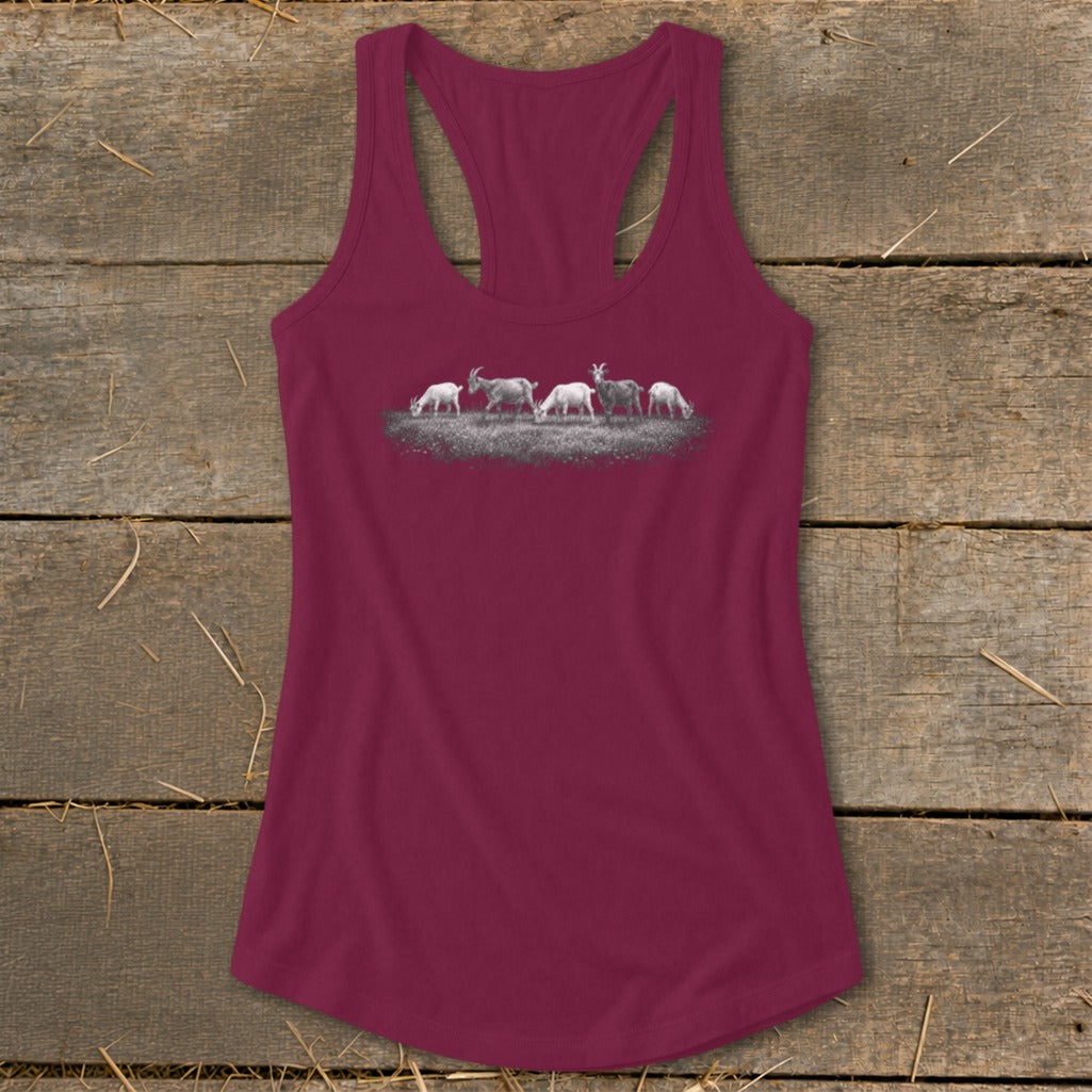 Burgundy tank top with a graphic of five goats grazing in a field.