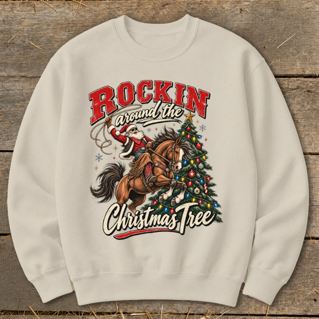 Cream sweatshirt with Santa riding a horse around a Christmas tree.