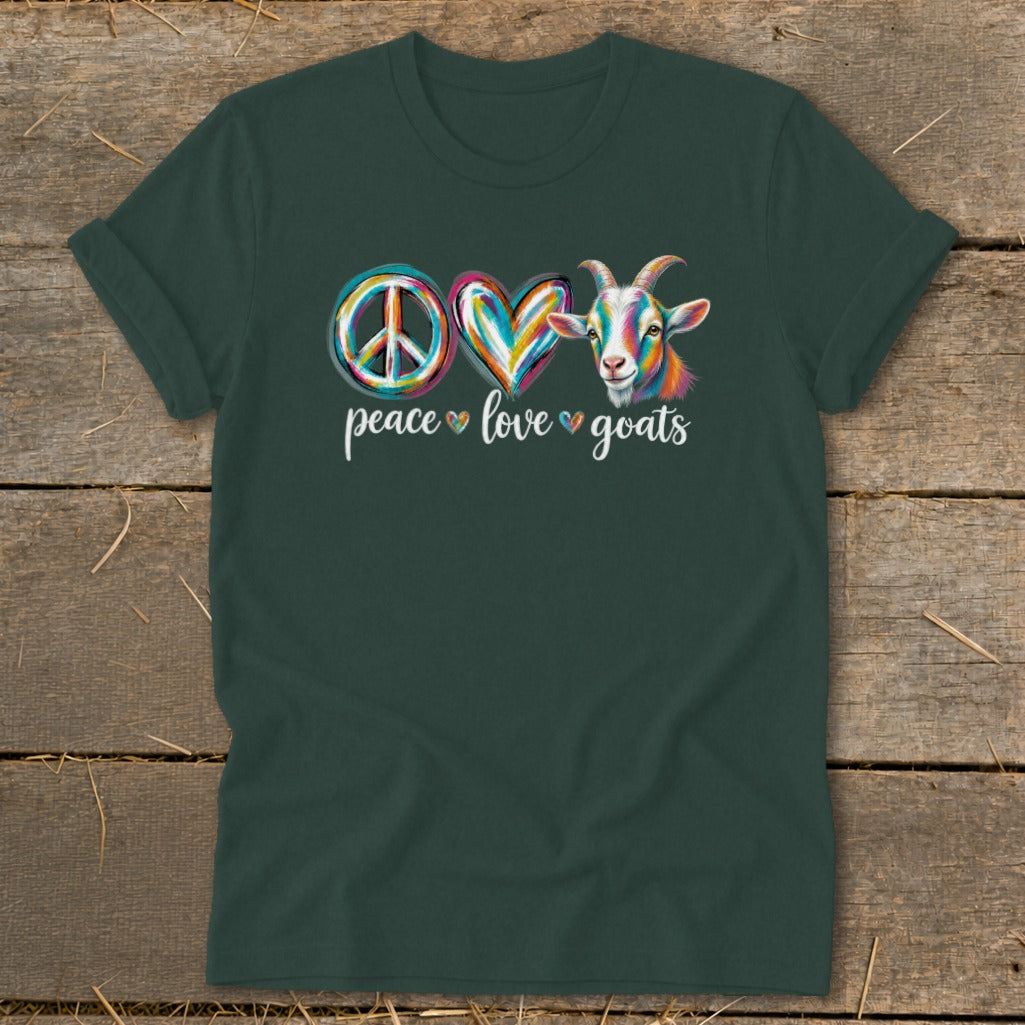 Green t-shirt with peace symbol, colorful heart, and goat saying "peace love goats".